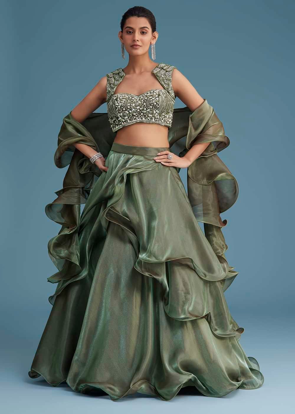 Olive Aura Ruffle Lehenga Set